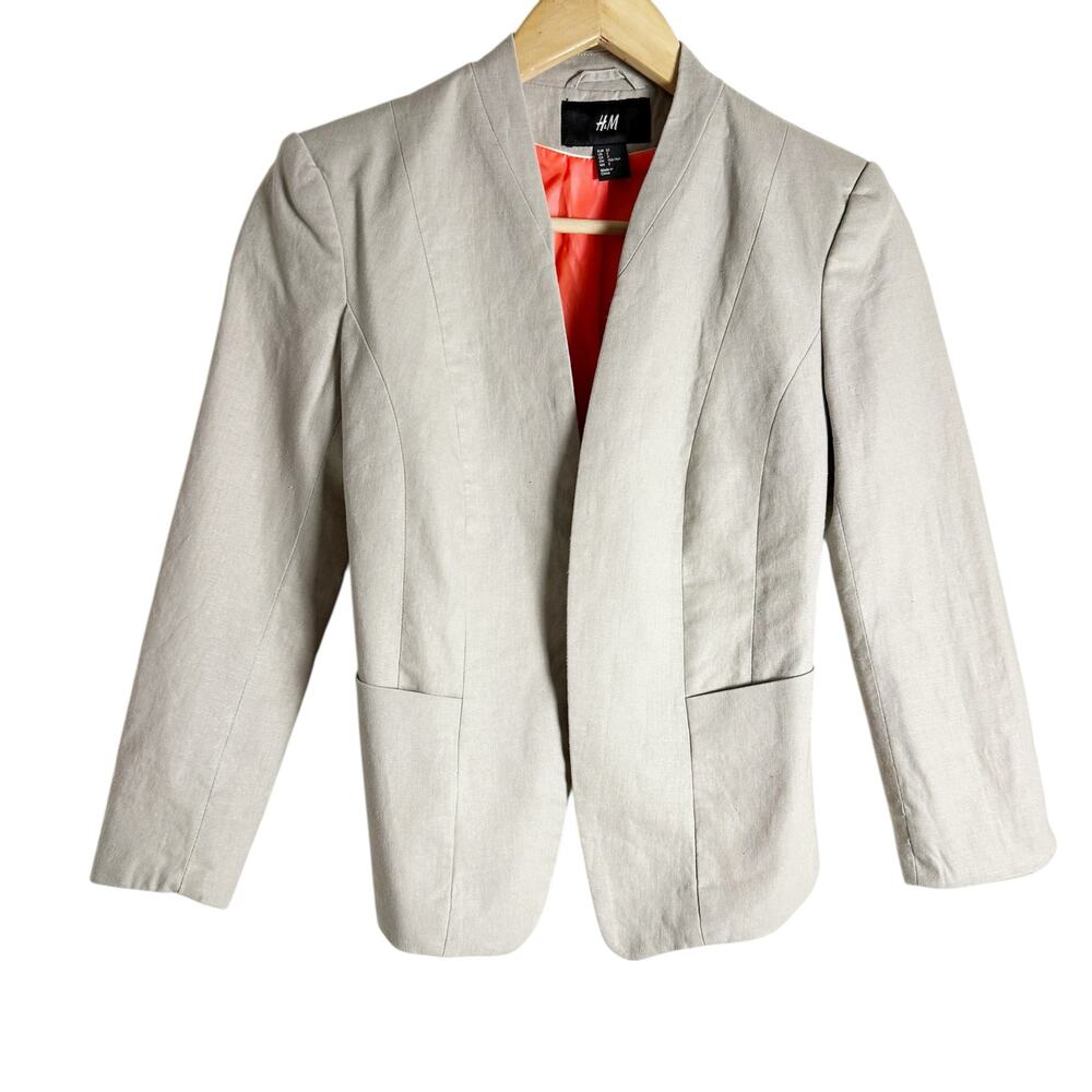 H&M Silver Linen Blend Open Front Collarless Office Blazer Jacket Women’s Size 2